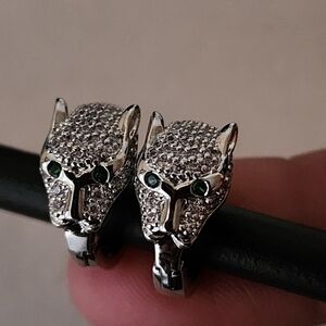 Small Silver Stainless Steel Leopard Animal Hoop Earrings  with CZ Stones